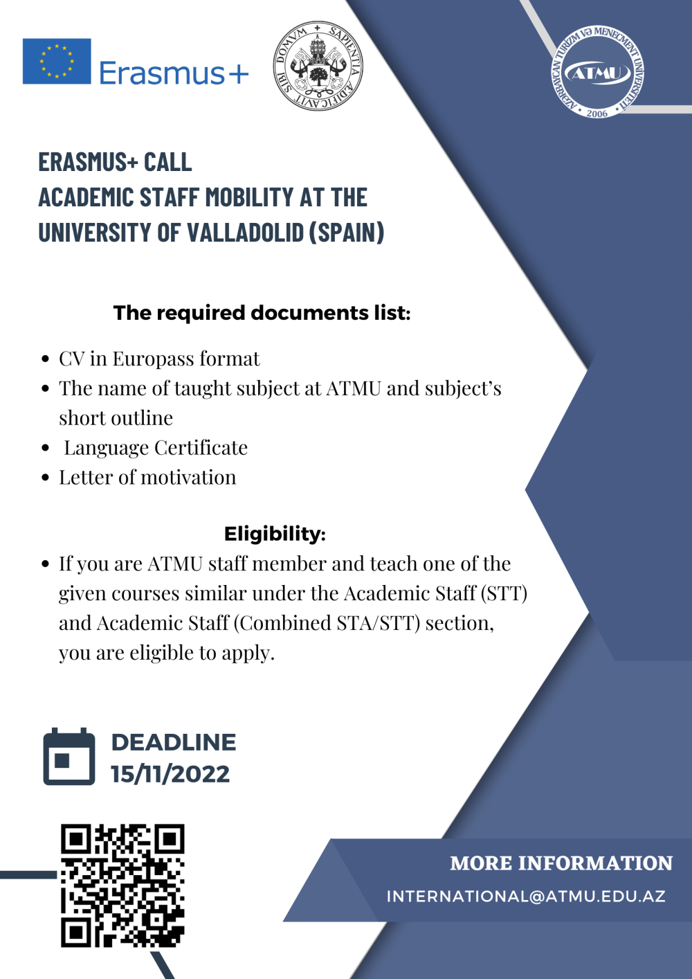 Call for Erasmus+ Academic Staff Mobility at the University of Valladolid 